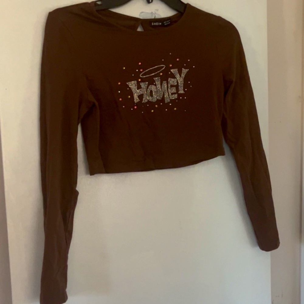 Long sleeve brown crop top with rhinestones